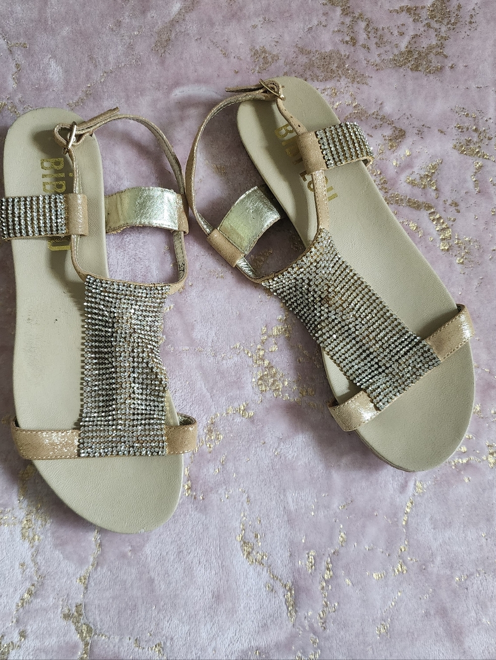 BIBI LOU | Gold Rhinestone T-Strap Flat Sandals